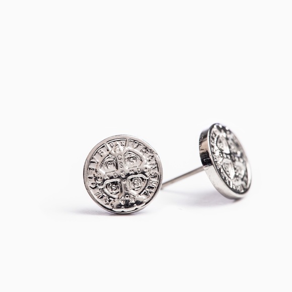 NEW My Saint My Hero Silver Benedictine Stud Earrings - Picture 2 of 3